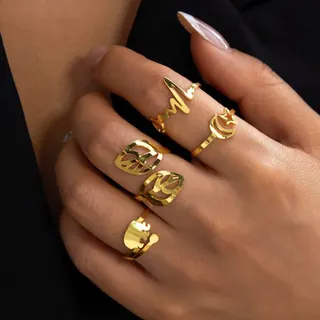 Stainless Steel Gold Ring Set of 4 - Star Moon, ECG Line, Hollow Heart & Letter Open-Work Rings, Hypoallergenic 18K Gold Plated, Trendy Stacking Jewelry for Women