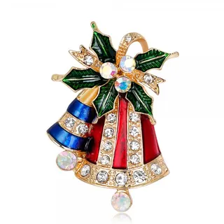 Christmas Bell Holly Leaf Enamel Brooch with Rhinestones, Gold Plated Alloy Holiday Pin, Festive Tree Ornament & Gift Accessory, 4.5x3cm