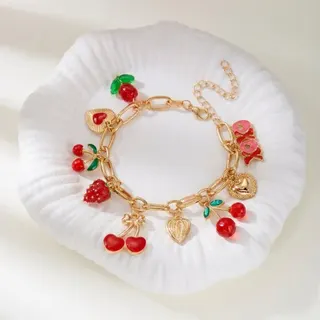 Sweet Cherry Strawberry Heart Charm Bracelet - 18K Gold Plated Alloy Enamel Beaded Bracelet with Love Letter & Rhinestone, Adjustable 18+7cm, Valentine's Day Gift for Women