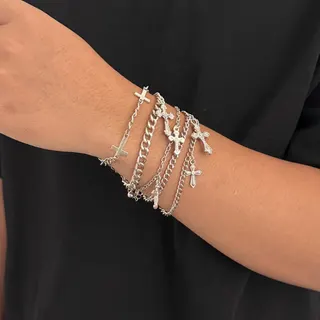 Cross Bracelet Set for Women Men, Silver Alloy Multi-Chain Layered Cross Bracelets, Punk Religious Style Jewelry Gift