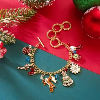 Christmas Necklace for Women - Christmas Tree Snowflake Reindeer Multi-Charcoal Charm Necklace, Alloy + Crystal Festive Collarbone Chain, Holiday Gift Jewelry