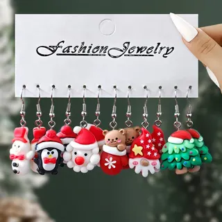 Christmas Resin Earrings Set of 8 - Snowman Penguin Santa Bear Christmas Tree Cartoon Dangle Earrings, Cute Holiday Gift for Women Girls