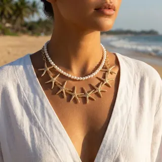 Gold Starfish Pearl Layered Necklace - Boho Beach Collar Chain with Imitation Pearls & Alloy Starfish Pendants, Vacation Statement Jewelry for Women