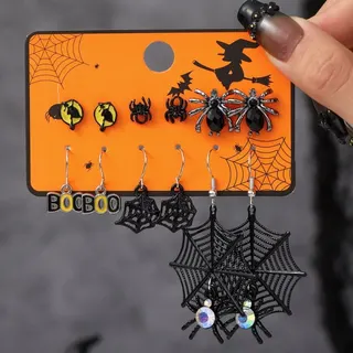 Halloween Spider Web Earrings Set, 6 Pairs Gothic Witch Theme Studs & Dangle Earrings, Alloy Enamel with Rhinestone, Party Costume Jewelry