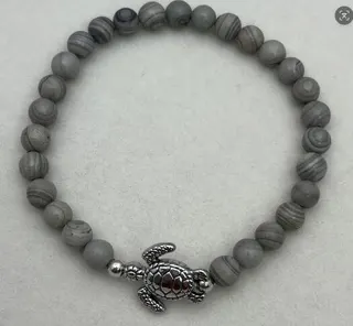 Gray Beaded Bracelet 8mm Striped Stone Beads with Silver Turtle Charm, Ocean Zen Style, Pair Set, Tarnish-Resistant Alloy Jewelry
