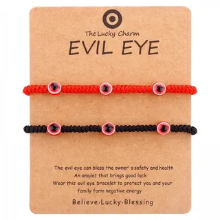 Evil Eye Bracelet - Blue & Pink Nazar Beaded Braided Red Cord Wristband, Adjustable 16-20cm, Acrylic Lucky Charm Protection Bracelet Set of 2