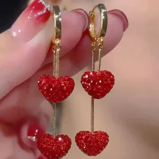 Red Heart Rhinestone Tassel Earrings - 18K Gold Plated Alloy, Sparkling Double Heart Dangle Earrings for Women, Sweet Elegant Long Drop Earrings, Valentine's Day Gift (Pair)