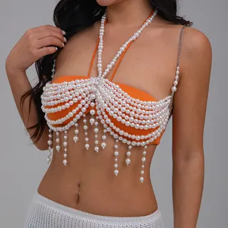 Pearl Beaded Tassel Body Chain, White Faux Pearl Bra Chain, Boho Beach Accessory for Bikini & Photoshoot, Adjustable 105+20cm