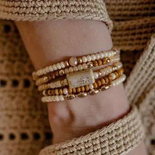 Bohemian Beaded Bracelet Set 5pcs - Rice Bead & Ceramic Gold Layered Stack, Summer Boho Stackable Bracelets, Approx 18cm