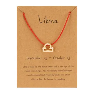 Libra Zodiac Sign Necklace, Red Cord Chain with Gold-Plated Alloy Libra Symbol Pendant, Adjustable 18-32cm, Constellation Birthday Gift with Kraft Card Packaging