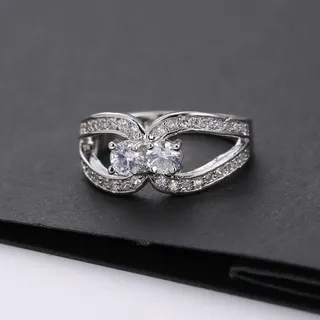 White Gold Plated Zircon Ring for Women - Double Stone Openwork Design with Paved Cubic Zirconia, 19mm Engagement Promise Ring