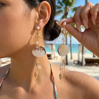 Boho Beach Shell Earrings - Gold Starfish Pearl Tassel Dangle Earrings, Long Statement Earrings for Summer Vacation & Wedding, 12.5cm