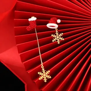 Climbing Santa Claus Asymmetric Dangle Earrings, Red Gold Alloy with Rhinestones, Long Tassel Christmas Party Jewelry, 8.7cm