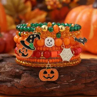 Halloween Beaded Bracelet Set of 7 - Pumpkin Ghost BOO HALLOWEEN Letter Beads, Stretchy CCB Cord, Orange Purple Black Gold, Party Costume Gift for Women Girls