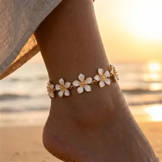 White Flower Enamel Anklet for Women, 18K Gold Plated Zinc Alloy Adjustable Beach Ankle Chain, French Vintage Floral Foot Jewelry