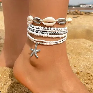 Ocean Starfish Shell Beaded Elastic Anklet Bracelet Set, 7 Pcs Boho Beach Jewelry, Natural Shell & Resin Gold, Summer Vacation Accessories