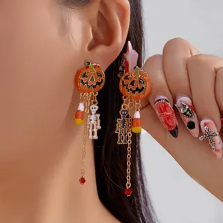 Halloween Pumpkin Earrings Dangle Drop Earrings with Trick or Treat Charm & Candy Corn Beads, Rhinestone Alloy Jack-o'-Lantern Dangle Earrings for Party Costume, Gold, 1 Pair