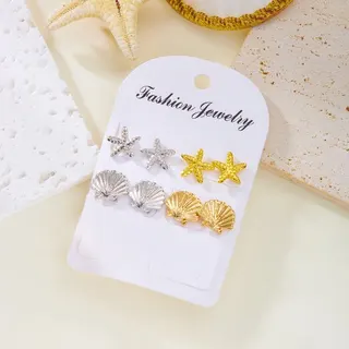 Ocean Starfish & Shell Earrings Set of 4 Pairs - Enamel Rhinestone Alloy Studs, Beach Vacation Jewelry, Hypoallergenic Gold Silver Purple Teal