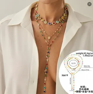 Colorful Rhinestone Cross Pendant Necklace Set, 3-Piece Layered Long Chain, 18K Gold Plated Alloy & Copper Chain with Crystal Beads, French Vintage Bohemian Statement Lariat Necklace for Women