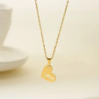 Heart Mom Necklace for Women, 18K Gold Plated Stainless Steel Pendant, Engraved Love Gift for Mother's Day, Adjustable 40+5cm Chain
