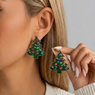 Christmas Tree Earrings Colorful Rhinestone Alloy Holiday Statement Earrings Festive Party Gift Jewelry Pair
