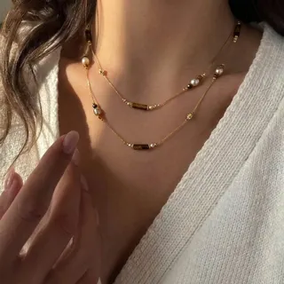 Maillard Tiger Eye Pearl Double Layer Chain Necklace, 18K Gold Plated Alloy, Vintage Layered Collarbone Necklace for Women