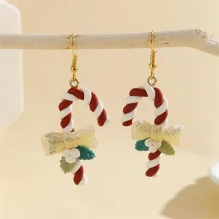Christmas Candy Cane Earrings Handmade Polymer Clay Red White Spiral with Bow & Holly Berries Dangle Earrings Holiday Gift for Women