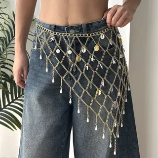 Boho Starfish Shell Pearl Waist Chain Belt - Gold Rhombus Grid Drop Dangle Body Chain with Imitation Pearl, Seashell & Coin Charms, Adjustable ~85cm, Summer Beach Festival Accessory