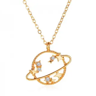 Zircon Planet Pendant Necklace, Hollow Saturn Ring Star Moon Choker, White Gold Plated Alloy, 46+5cm Adjustable Chain, Women's Luxury Jewelry Gift