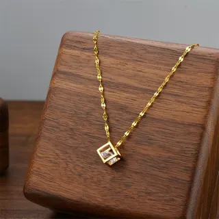Minimalist Gold Square Pendant Necklace for Women, Stainless Steel Geometric Frame with Rhinestone, Adjustable 45+5cm Hypoallergenic Clavicle Chain