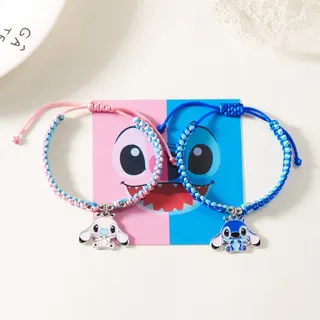 Stitch Cartoon Braided Couple Bracelet Set, Alloy Charm Wristband, Adjustable 16-22cm Blue & Pink Pair, Lilo & Stitch Gift for Her Him