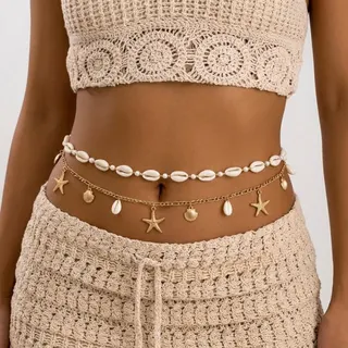 Boho Sea Star Shell Pearl Body Chain - Gold Double Layer Waist Chain with Cowrie Shells & Starfish Charms, Adjustable 70+20cm Beach Bikini Belt for Women