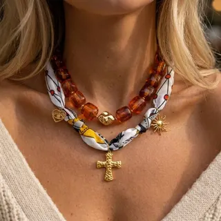 Boho Scarf Necklace Set for Women - 18K Gold Plated Stainless Steel Cross Sun Evil Eye Pendant + Amber Acrylic Bead Heart Choker, 2-Piece Layered Necklace, Vacation Jewelry Gift