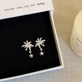 Sparkling Firework Star Stud Earrings with Dangling Star Charm, Rhinestone Inlaid Alloy Silver Earrings for Women, Lightweight Party Jewelry Gift