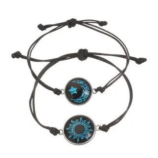Sun & Moon Glow-in-the-Dark Couple Bracelet, Woven Cord + Glass Pendant, Adjustable 10-30cm, Pair Set, Gift for Her/Him