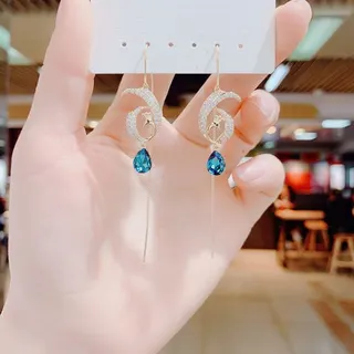 Blue Teardrop Phoenix Crystal Drop Earrings, Long Tassel Dangle Earrings for Women, 18K Gold Plated Alloy with Rhinestones, Elegant Bridal Party Jewelry