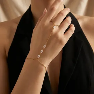 Gold Finger Chain Bracelet, Stainless Steel 18K Gold Plated Marquise Zircon Ring Bracelet, Minimalist Fine Chain Hand Jewelry for Women, 17+5cm