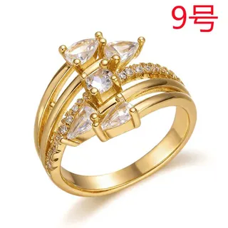 Luxury French Vintage Zircon Ring for Women, Gold-Plated Copper Multi-Stone Marquise Halo Band with Pavé Side Stones, Size 9