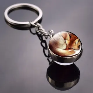 Fox Keychain Double-Sided Glass Ball Charm, Alloy Mirror-Polished Chain, Cute Animal Bag Pendant, 8cm Chain 2cm Glass Bead, Personalized Gift