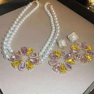 Pearl Necklace and Earrings Set - Flower Crystal Drop Earrings & Double Strand Pearl Necklace, 18K Gold Plated Alloy with Rhinestone & Imitation Pearl, Bridal Party Jewelry Set