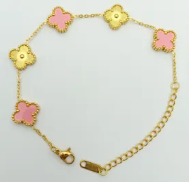 Stainless Steel Clover Bracelet for Women, Pink & Gold Enamel Four-Leaf Charm, Hypoallergenic Tarnish-Free Adjustable Chain, Gift for Her