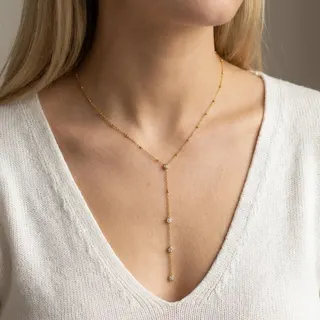 Gold Y-Shape Zircon Necklace for Women, Stainless Steel 18K Gold Plated, Hypoallergenic Dainty Pendant Chain 42+5cm
