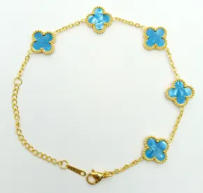 Luxury Four Leaf Clover Bracelet for Women, Stainless Steel 18K Gold Plated, Blue Green Mother of Pearl Inlay, Hypoallergenic Tarnish-Free Chain Bracelet, Lucky Gift