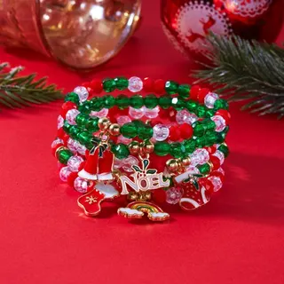Christmas Beaded Bracelet Set for Women - 5pcs Red Green Crystal & Seed Bead Stackable Bracelets with NOEL Santa Sock Rainbow Charms, 18cm Holiday Gift Jewelry