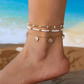 Shell Charm Ankle Bracelet Set of 3 - White Beaded & Gold Alloy 18K Plated, Layered Boho Beach Anklet, Adjustable 22+5/20cm