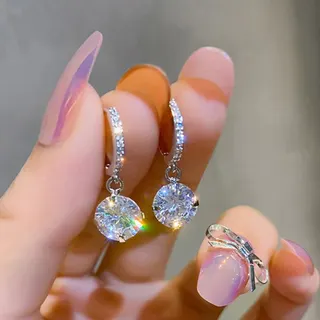 White Gold Round Geometric Zircon Hoop Earrings, Paved Micro-set Crystal Drop Earrings with Hypoallergenic Silver Post, Elegant Face-Slimming Dangle Earrings for Women, 2.3cm Pair