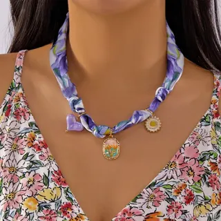 Leopard Print Scarf Necklace with Sun Flower Palm Tree Charms, Boho Vacation Choker, 18K Gold Plated Alloy, 40cm