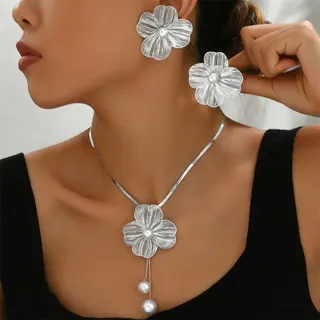 Gold Flower Pearl Earrings and Necklace Set, 18K Gold Plated Brass, Five-Petal Textured Design with Dangling Pearls, Elegant Vintage Jewelry Set for Women