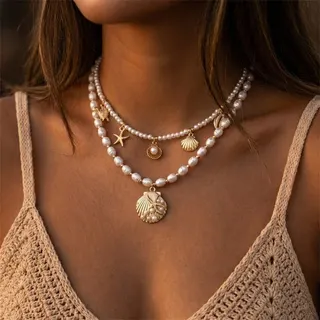 Vintage Double Layer Pearl Necklace with Starfish & Shell Charm, 18K Gold Plated Alloy Imitation Pearl Layered Choker, Boho Beach Jewelry for Women