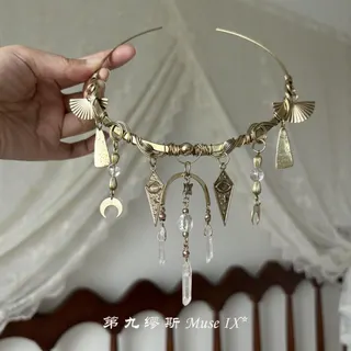 Handmade Star Moon Crystal Tassel Collar Necklace, Vintage Gold Alloy Bohemian Choker with Water Drop Pendants, 40+5cm Adjustable